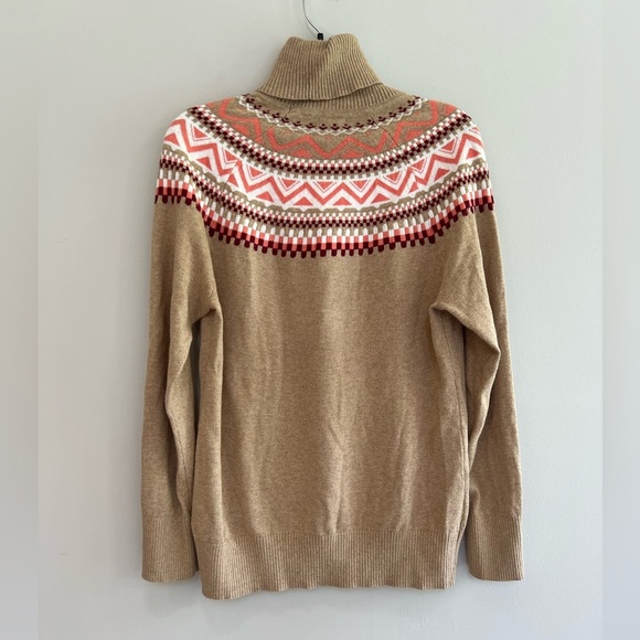 LL Bean Fair Isle Yolk Turtleneck Cotton Cashmere Sweater Tan and Coral, S - Picture 2 of 8
